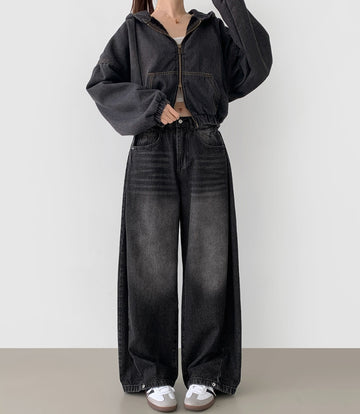 4 Seasons Washing Hem Snap Wide Balloon Denim Pants